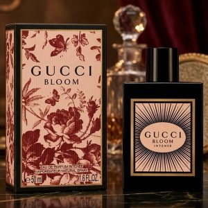 Gucci Bloom Intense Perfume With a Black Bottle And Floral Design Packaging