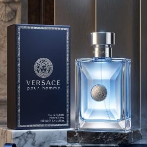 Versace Sky Blue Rectangular Perfume Bottle With Metallic Silver Top